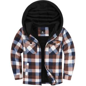 imageZITY Boys Flannel Jacket Sherpa Lined Hoodies Zip Up Fleece Plaid Shirt Unisex Winter Coat Kids Outerwear 615 YearsCoffee