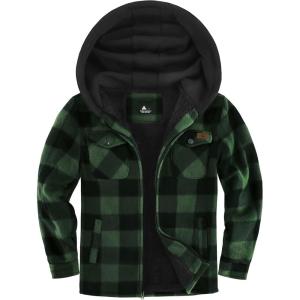 imageZITY Boys Flannel Jacket Sherpa Lined Hoodies Zip Up Fleece Plaid Shirt Unisex Winter Coat Kids Outerwear 615 YearsDark Green
