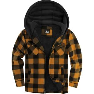 imageZITY Boys Flannel Jacket Sherpa Lined Hoodies Zip Up Fleece Plaid Shirt Unisex Winter Coat Kids Outerwear 615 YearsOrange Black