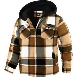 imageZITY Boys Flannel Jacket Sherpa Lined Hoodies Zip Up Fleece Plaid Shirt Unisex Winter Coat Kids Outerwear 615 YearsKhaki White