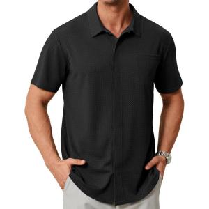 imageZITY Mens Casual Hawaiian Beach Vacation Summer Shirt Button Down Short Sleeve Textured ShirtsBlack