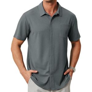 imageZITY Mens Casual Hawaiian Beach Vacation Summer Shirt Button Down Short Sleeve Textured ShirtsGrey