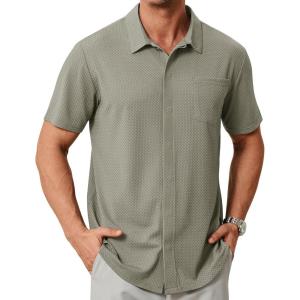 imageZITY Mens Casual Hawaiian Beach Vacation Summer Shirt Button Down Short Sleeve Textured ShirtsKhaki