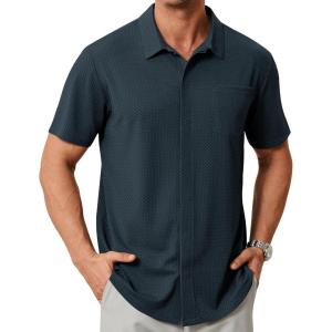 imageZITY Mens Casual Hawaiian Beach Vacation Summer Shirt Button Down Short Sleeve Textured ShirtsNavy