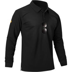 imageMens Long Sleeve Polo Shirts 3 Button Down with Pocket Classic Golf Breathable Solid Color Designed Collared Casual TeeBlack