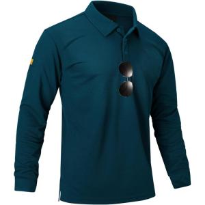imageMens Long Sleeve Polo Shirts 3 Button Down with Pocket Classic Golf Breathable Solid Color Designed Collared Casual TeeDark Teal Blue