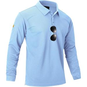 imageMens Long Sleeve Polo Shirts 3 Button Down with Pocket Classic Golf Breathable Solid Color Designed Collared Casual TeeMoon Blue