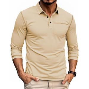 imageZITY Mens Casual Long Sleeve Polo Shirts Classic Button Cotton Work TShirt Collared Basic Golf Shirt with PocketApricot