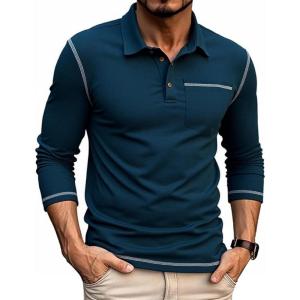 imageZITY Mens Casual Long Sleeve Polo Shirts Classic Button Cotton Work TShirt Collared Basic Golf Shirt with PocketDark Teal Blue