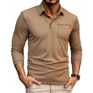 imageZITY Mens Casual Long Sleeve Polo Shirts Classic Button Cotton Work TShirt Collared Basic Golf Shirt with PocketKhaki