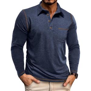 imageZITY Mens Casual Long Sleeve Polo Shirts Classic Button Cotton Work TShirt Collared Basic Golf Shirt with PocketNavy
