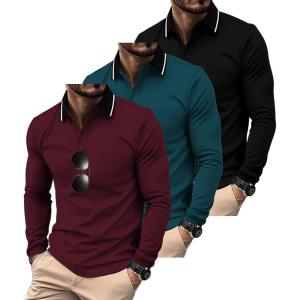 imageZITY 3 Pack Men Polo Shirts Long Sleeve with Pocket Golf Shirts Shirts for Men Casual Work Athletic Collared TShirtsBlack Duckblue Winered