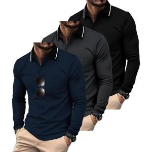 imageZITY 3 Pack Men Polo Shirts Long Sleeve with Pocket Golf Shirts Shirts for Men Casual Work Athletic Collared TShirtsBlack Grey Navy