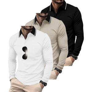 imageZITY 3 Pack Men Polo Shirts Long Sleeve with Pocket Golf Shirts Shirts for Men Casual Work Athletic Collared TShirtsBlack Lightkhaki White