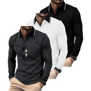 imageZITY 3 Pack Men Polo Shirts Long Sleeve with Pocket Golf Shirts Shirts for Men Casual Work Athletic Collared TShirtsBlack White Grey