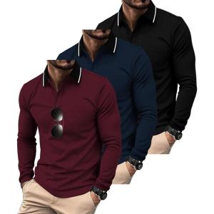 imageZITY 3 Pack Men Polo Shirts Long Sleeve with Pocket Golf Shirts Shirts for Men Casual Work Athletic Collared TShirtsBlack Winered Navy