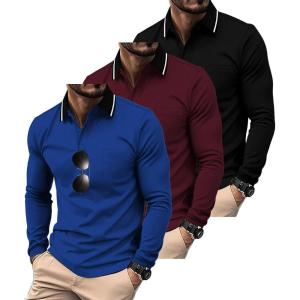 imageZITY 3 Pack Men Polo Shirts Long Sleeve with Pocket Golf Shirts Shirts for Men Casual Work Athletic Collared TShirtsBlack Winered Sapphireblue