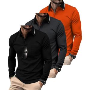 imageZITY 3 Pack Men Polo Shirts Long Sleeve with Pocket Golf Shirts Shirts for Men Casual Work Athletic Collared TShirtsGrey Orange Black