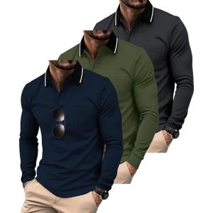 imageZITY 3 Pack Men Polo Shirts Long Sleeve with Pocket Golf Shirts Shirts for Men Casual Work Athletic Collared TShirtsNavy Green Grey