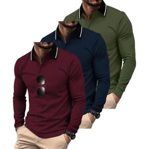 imageZITY 3 Pack Men Polo Shirts Long Sleeve with Pocket Golf Shirts Shirts for Men Casual Work Athletic Collared TShirtsWinered Green Navy