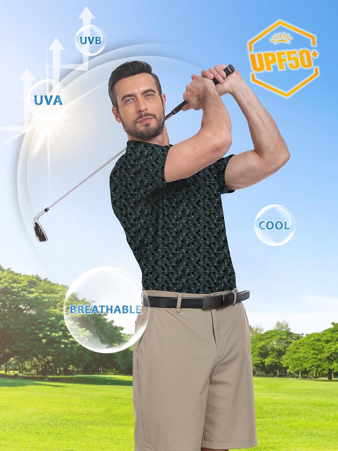 imageZITY Select Golf Shirts for Men Short Sleeve UPF 50 Print Performance Polo Moisture Wicking Funny Golf Collared ShirtsDark Green Octagram